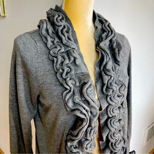 Cyrus Gray Ruffle Open Front Cardigan Sweater